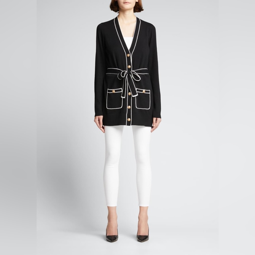 L'AGENCE. Black & White Ronny Piped Wool and Cotton Cardigan. Size Medium. - Picture 2 of 10